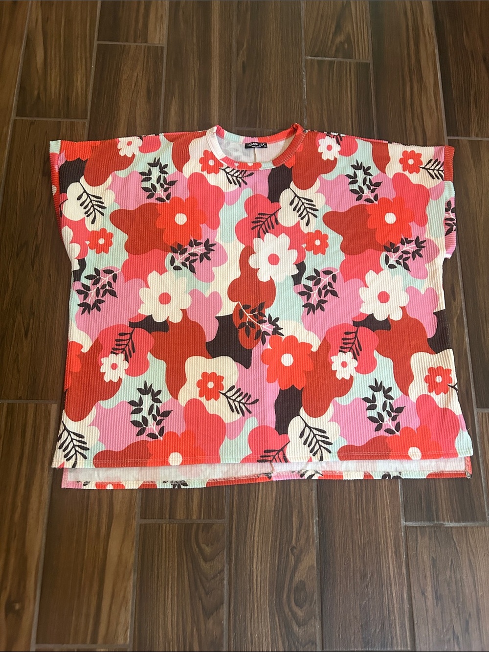 HEIMISH USA Floral Short Sleeve Ribbed Boxy Top - Pink, Red, White